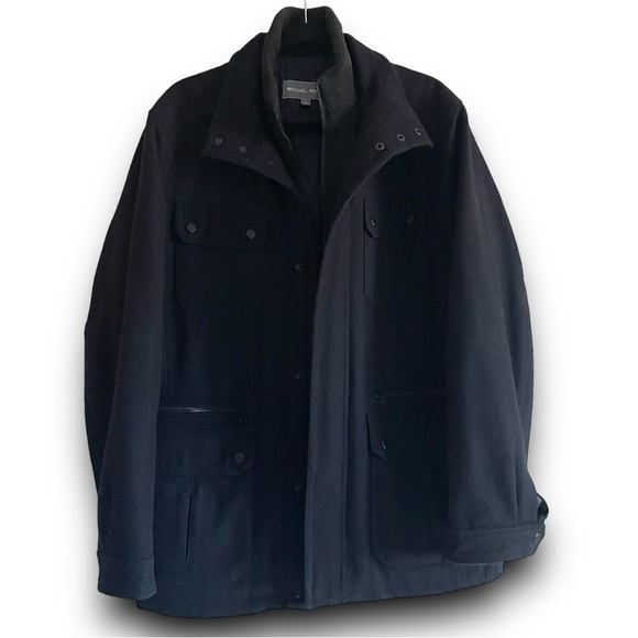 MICHAEL KORS Men's Navy Blue Wool Blend Winter Utility Pea Coat Jacket Large - Picture 1 of 8
